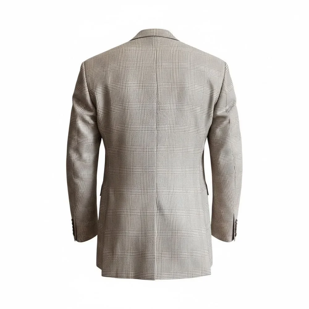 Vintage Oscar de la Renta Beige Brown Houndstooth Plaid Silk Wool Blazer - 41L